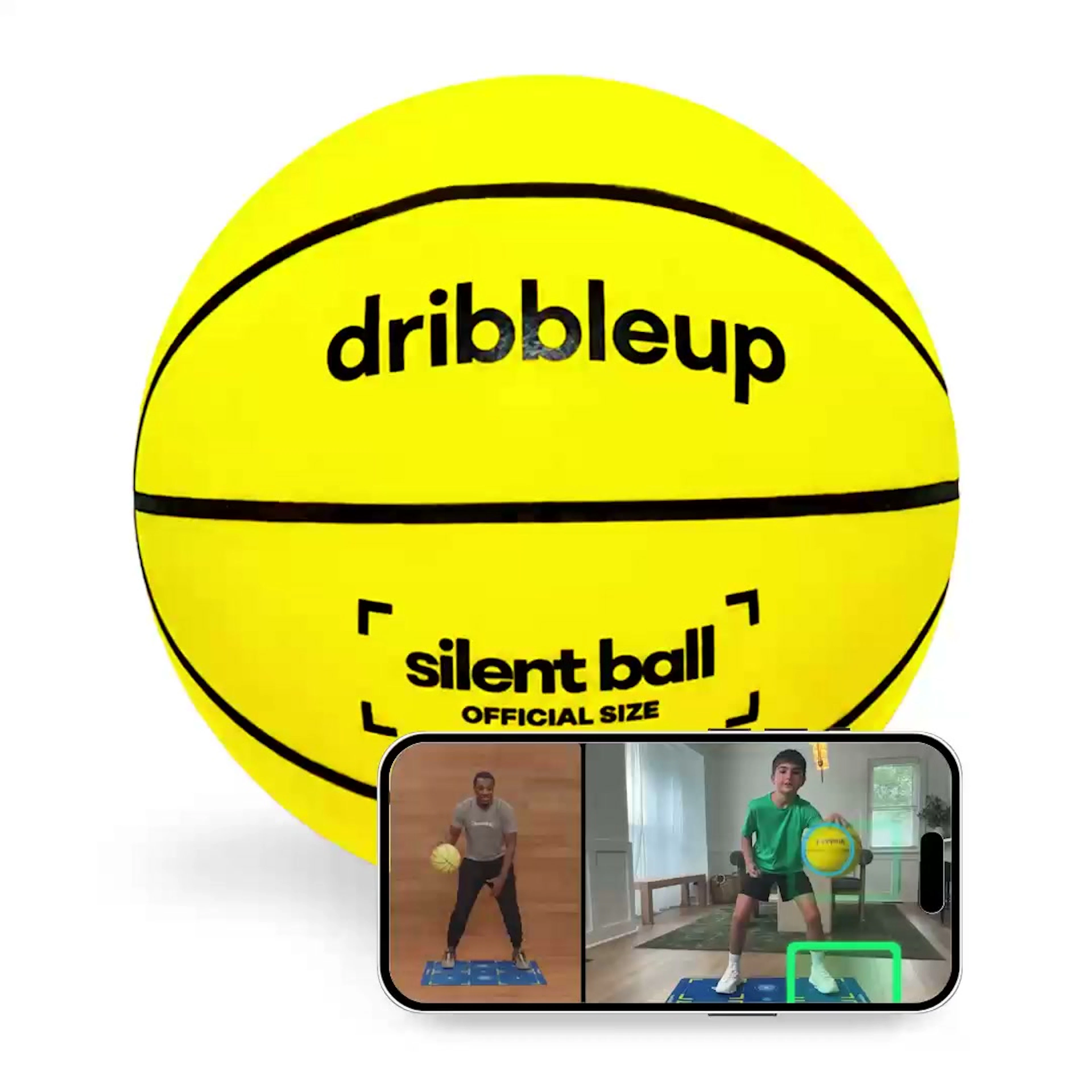 Dribbleup Silent Smart Basketball beside a phone showing the coaching app tracking a player's dribbling
