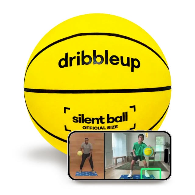 Dribbleup Silent Smart Basketball beside a phone showing the coaching app tracking a player's dribbling