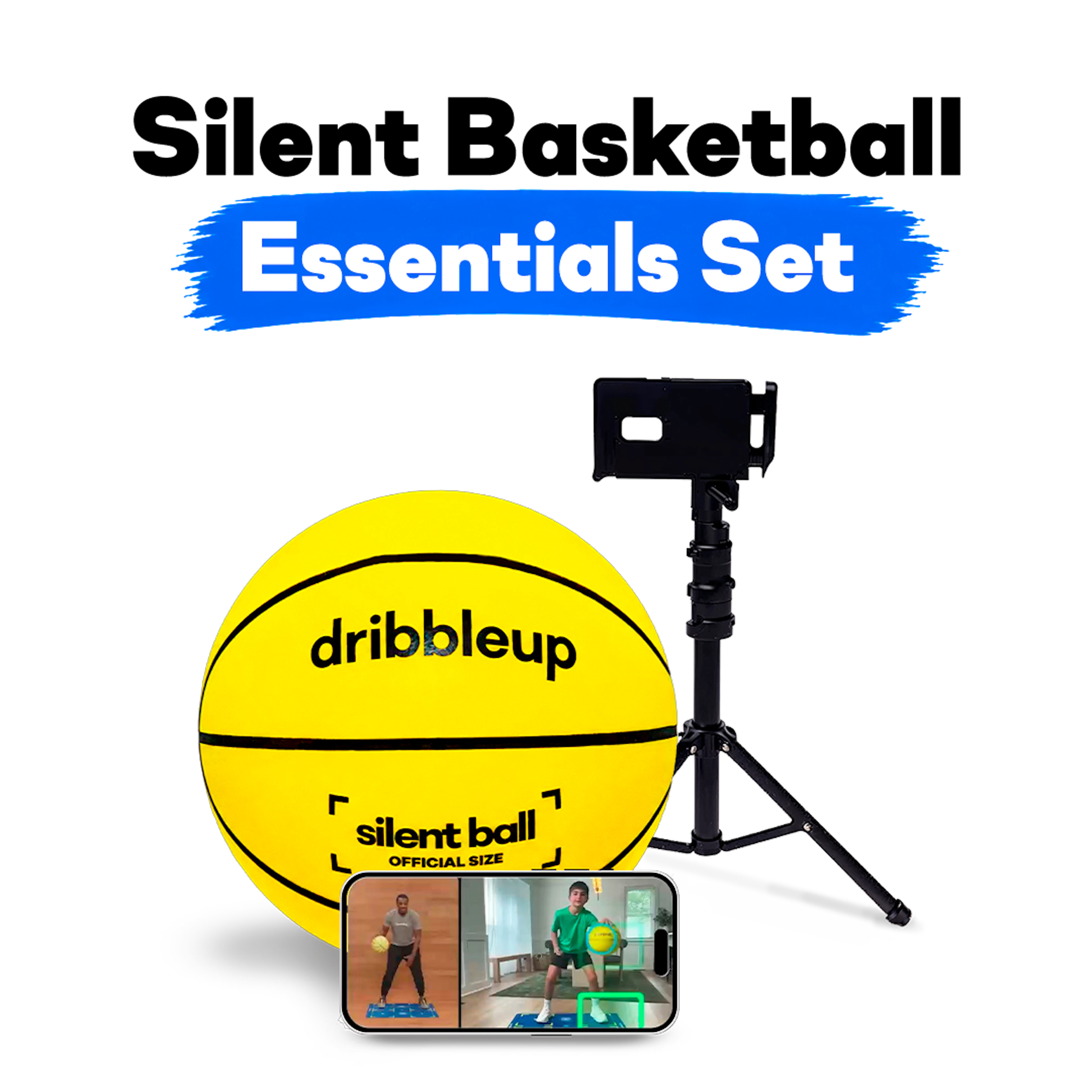 Dribbleup Silent Basketball Essentials Set: silent smart basketball, adjustable phone stand, and app showing a live training session